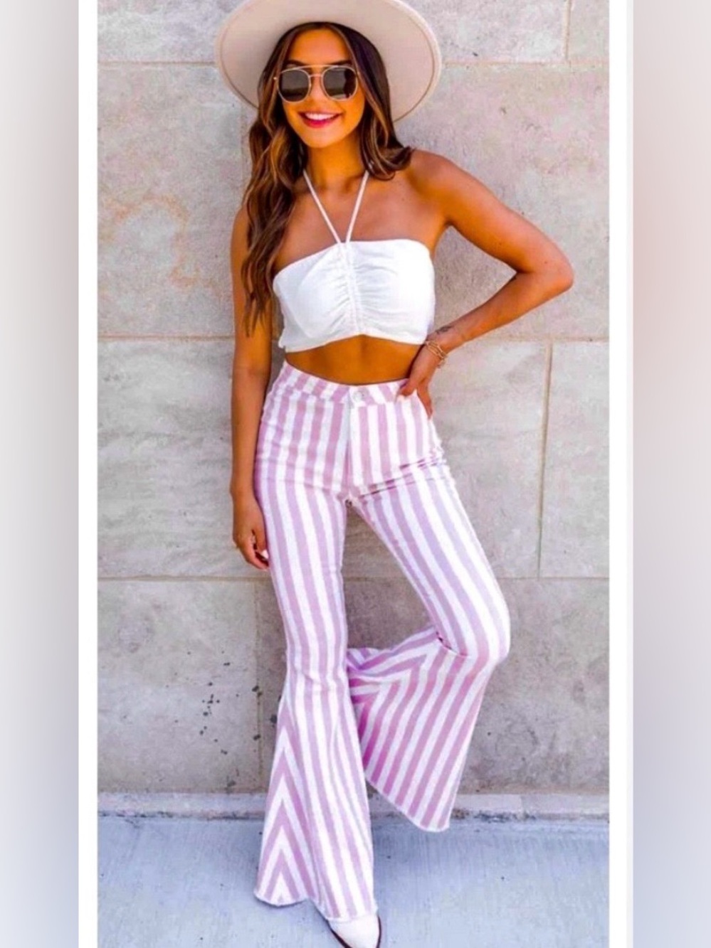 NWOT Pink Lily: Call You Up Mauve/White Striped Bell Bottom Flare Pants - Medium